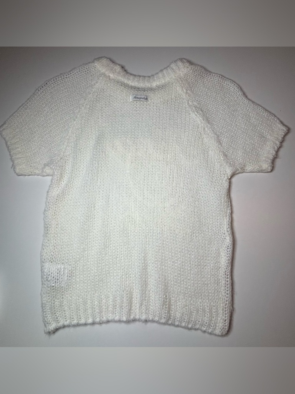 Fancy Club Embroidered Net Knit Top Ivory One Size Raglan Sheer Logo Trendy - Picture 9 of 13